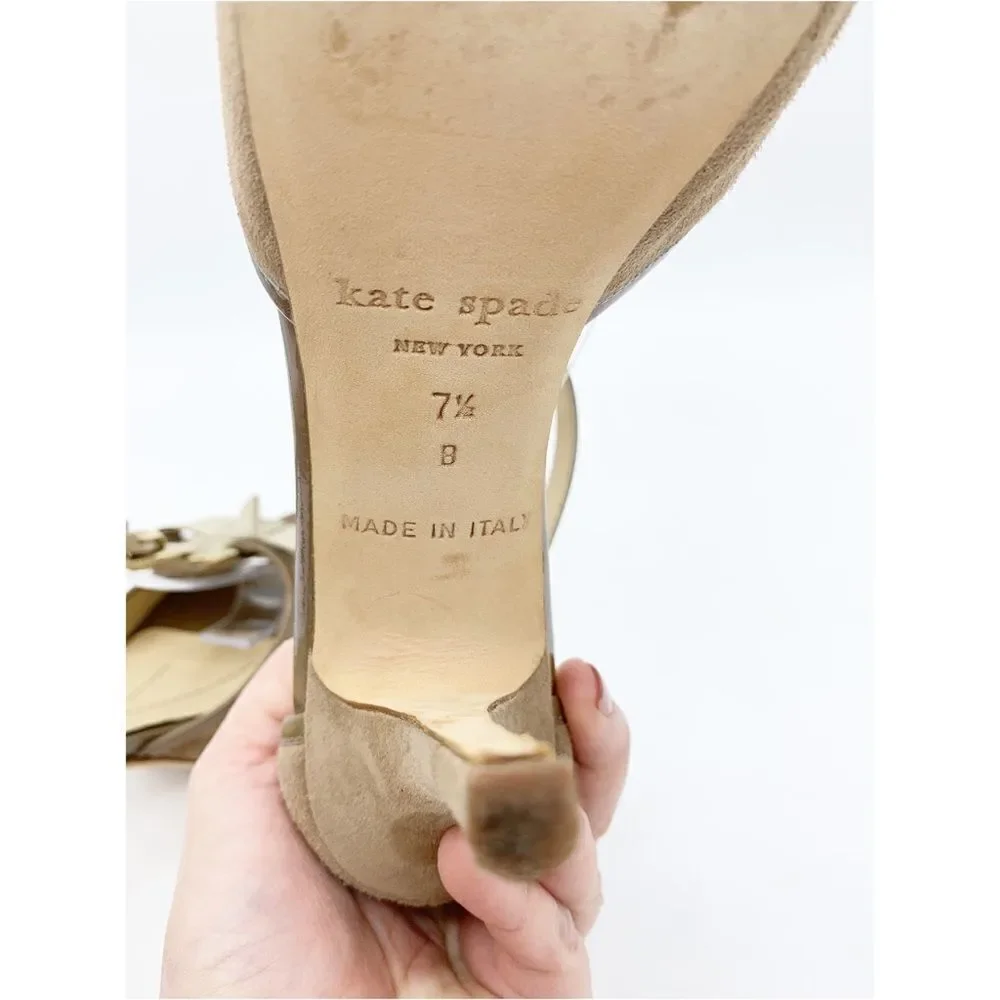 Kate Spade Taupe Suede Peep-to Platform Stiletto Sandals Chain w/Ribbon Sz 7.5‎